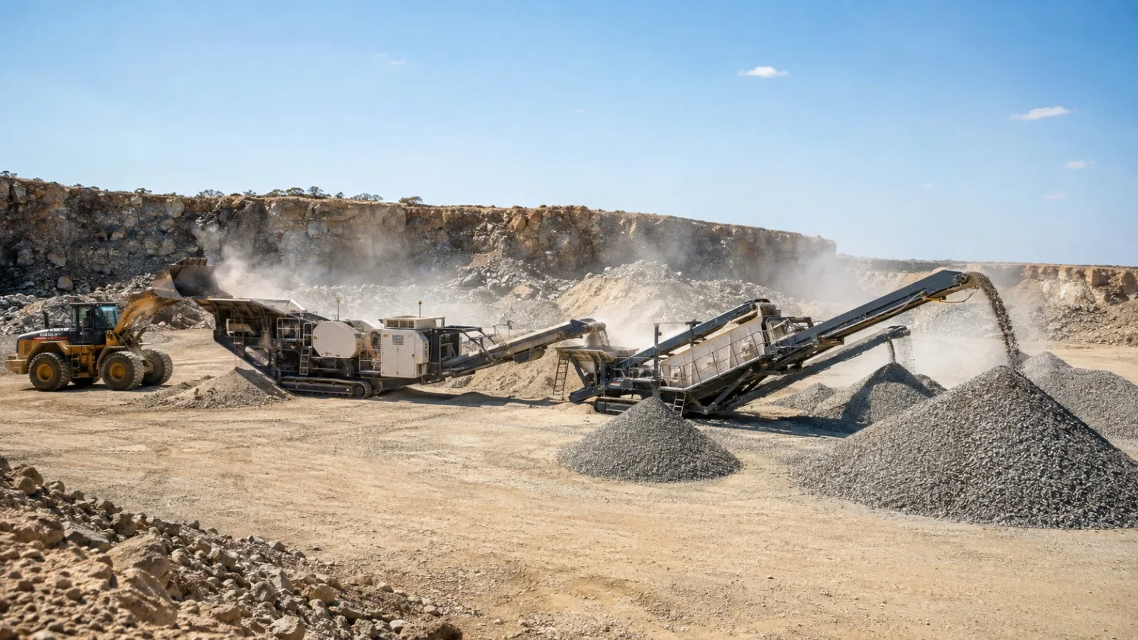 Mobile crushing and screening operation at a quarry