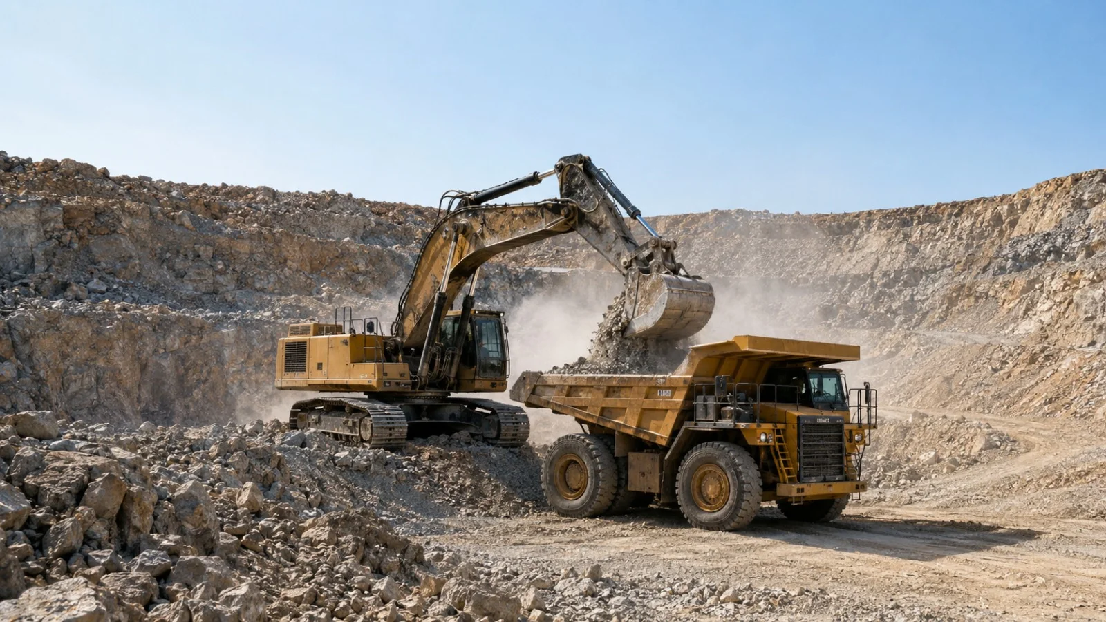 Excavator loading a haul truck in an open-pit mine