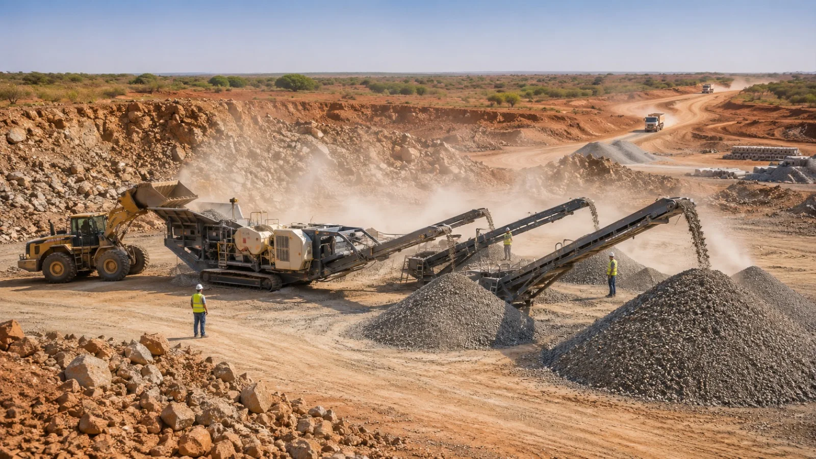 Mobile crushing and screening plant producing construction aggregate