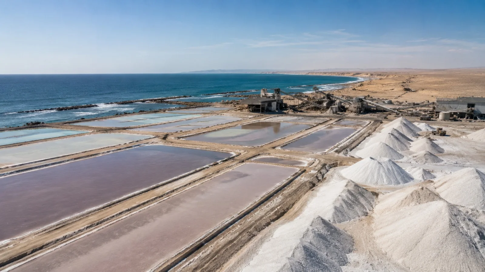 Coastal salt evaporation ponds and harvested salt stockpiles