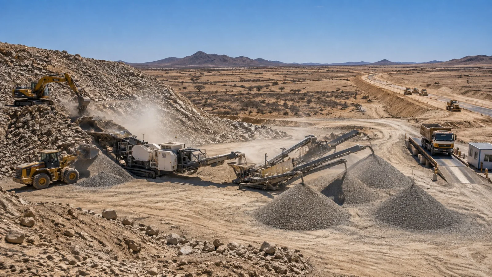 Mobile plant converting mine waste rock into aggregate