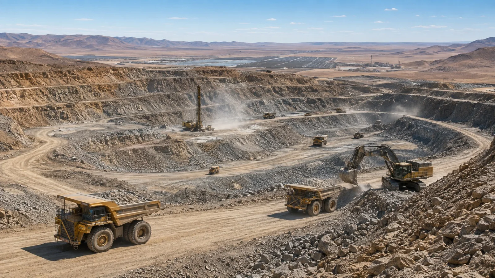Open-pit mining operation with drilling and haulage fleet
