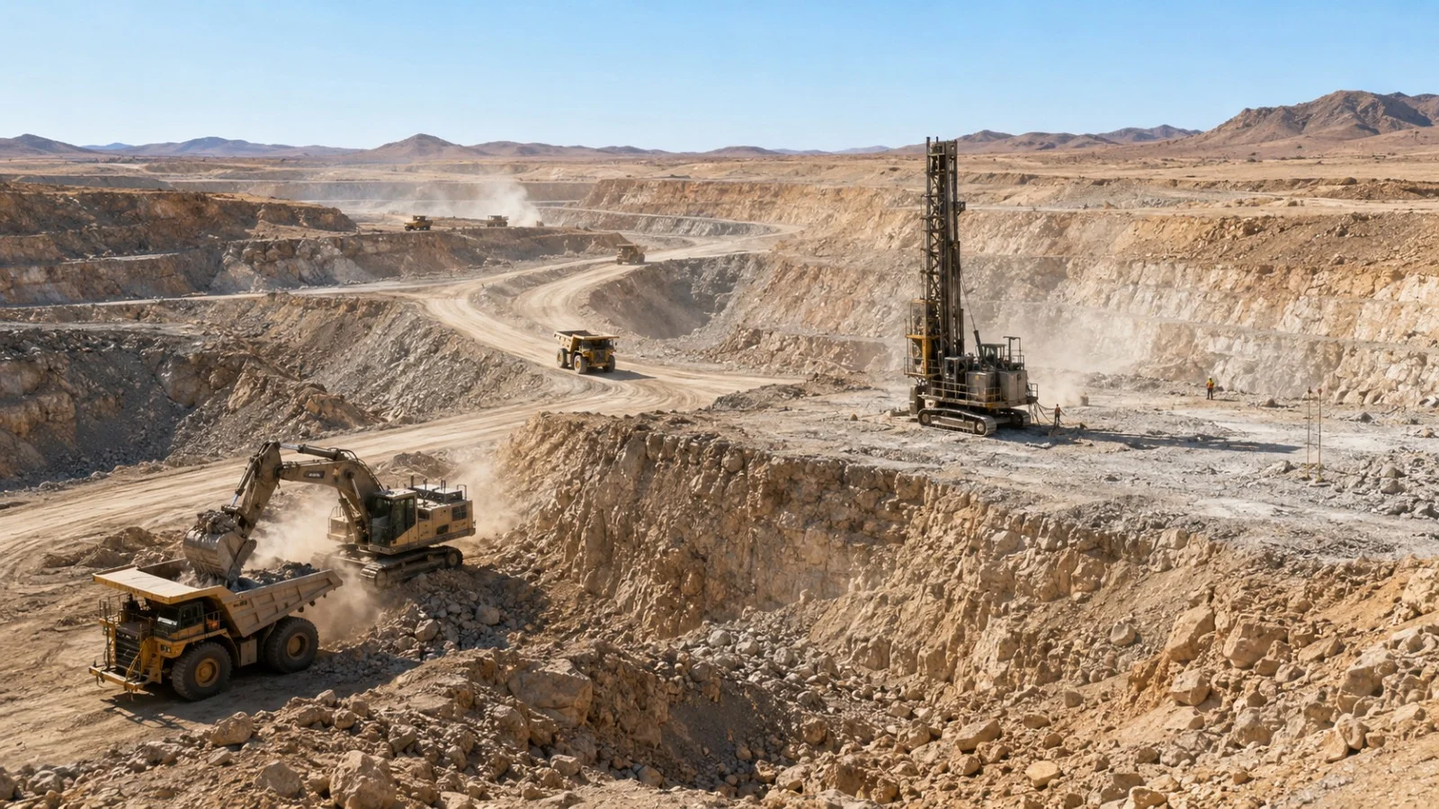 Drilling, excavation and haulage activity in an open pit